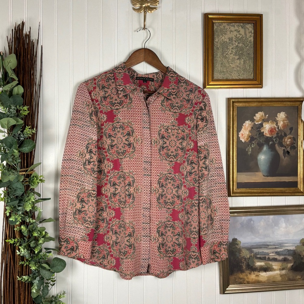 Antonio Melani Blouse Womens Large Pink Excellent 100% Silk Medallion Button Up